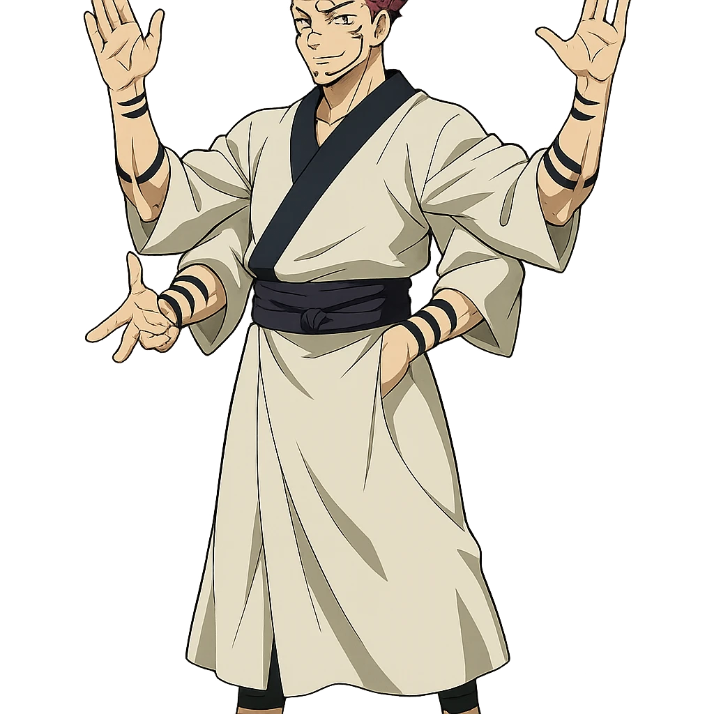 Ryomen Sukuna full body, traditional Japanese robe, four arms, confident pose, anime style emoji
