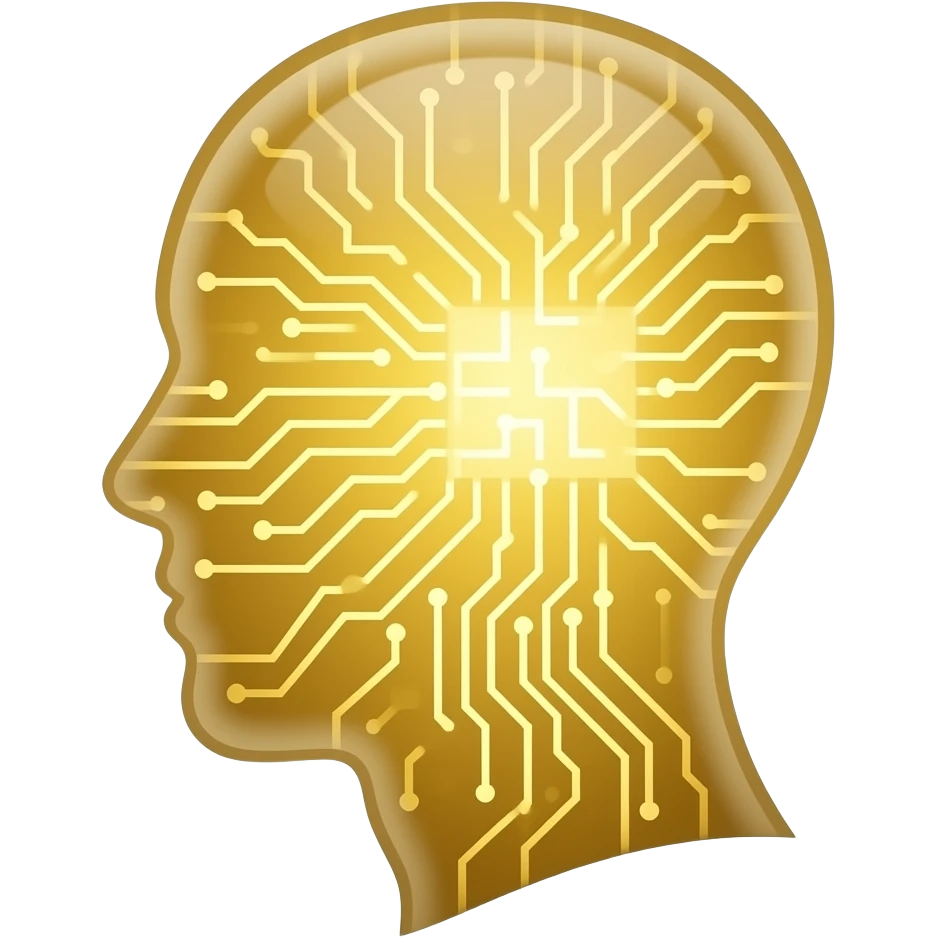 glowing gold human head silhouette with a transparent effect,-filled-with-interconnected-circuit-lines-and-neural-nodes,-symbolizing-artificial-intelligence emoji