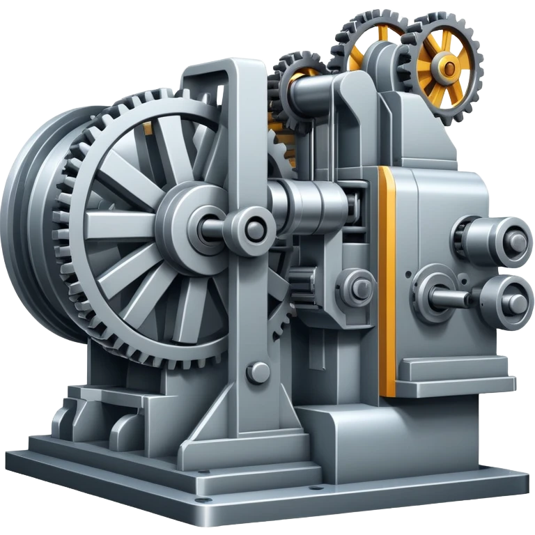 An icon featuring a giant machine tool in a factory, manufacturing machines. The design includes gears, mechanical parts, and a production line, representing the art of mechanical engineering and industrial design. Transparent background highlights precision engineering and manufacturing processes. emoji