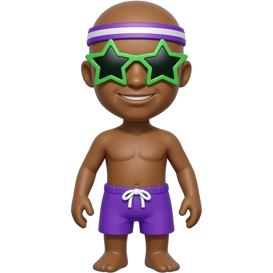 Brown character, with purple shorts on head, green star sunglasses, and a circle floaty for my clothes emoji