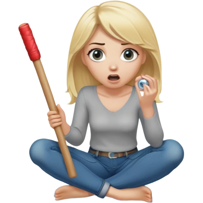 blond woman sitting on her knees with wide eyes, a human in jeans stands next to her, she's holding a wide skin-colored stick with a D-shaped knob, the stick and the nob have skin texture, water squirting from the knob into her mouth, shocked face emoji