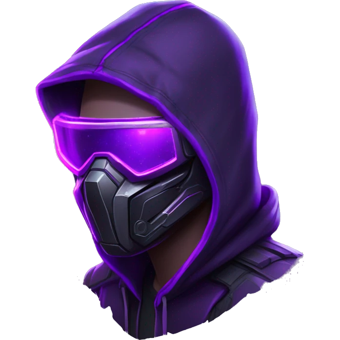 Side view developer behind his laptop with this style : crysis Cyberpunk Valorant neon glowing bright purple character purple violet black hooded assassin themed character emoji