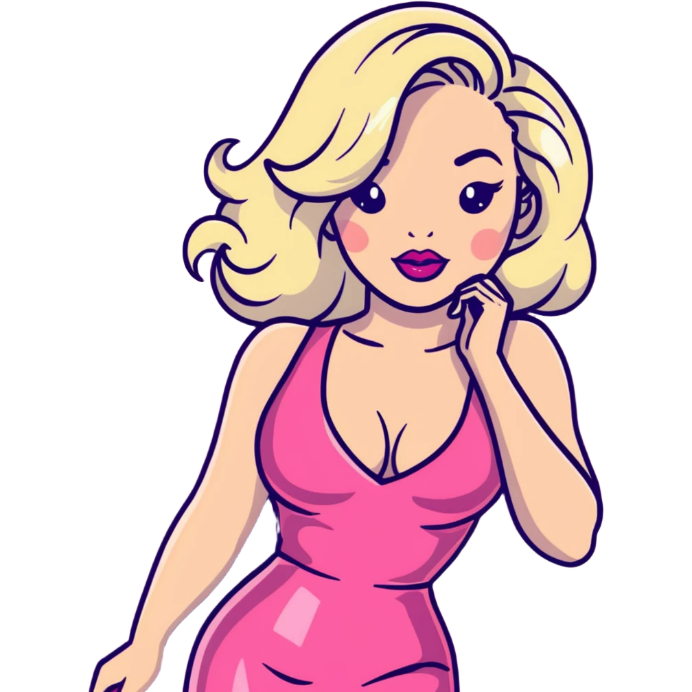 gorgeous woman with platinum wavy blonde hair with big puffy pouting burgundy lips, makeup, wearing a pink leather dress with cleavage, swaying her hips emoji