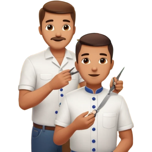 Inside a cozy barbershop with soft lighting, an experienced barber gently teaches his apprentice, guiding his hands as they cut hair together. The room is filled with warmth, plants hanging from the ceiling, and the hum of clippers emoji
