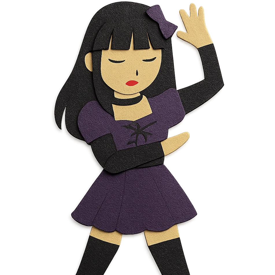 K-pop inspired gothic girl, paper craft style, layered paper textures, gothic dress, K-pop performance pose emoji