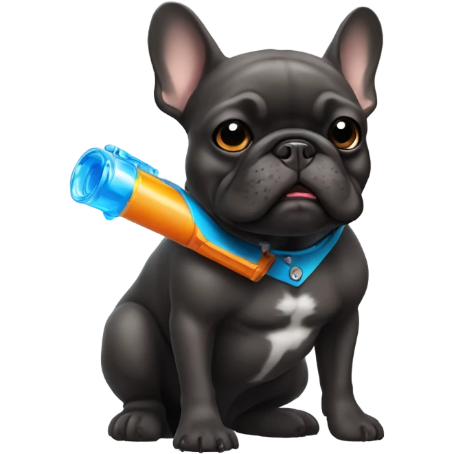 dark brawn french bulldog holding  a water pistol emoji