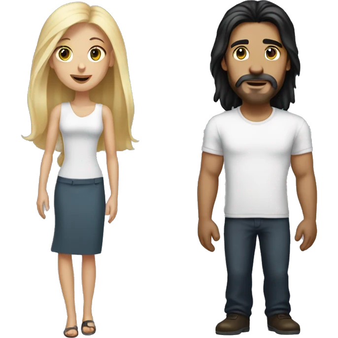 man with long black hair and no beard  with shorter long blonde hair woman emoji