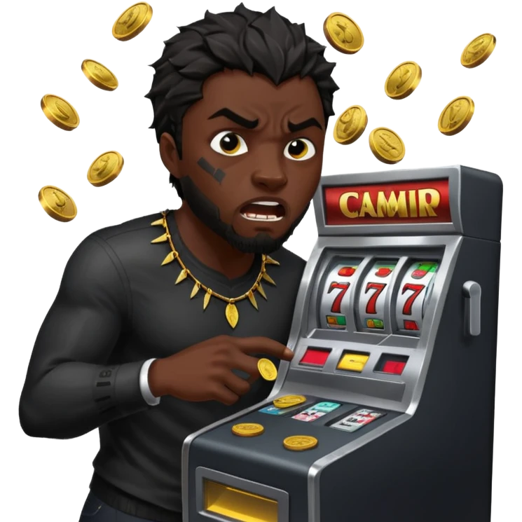 disheveled Black Panther losing money at a slot machine, panicked face, coins flying emoji