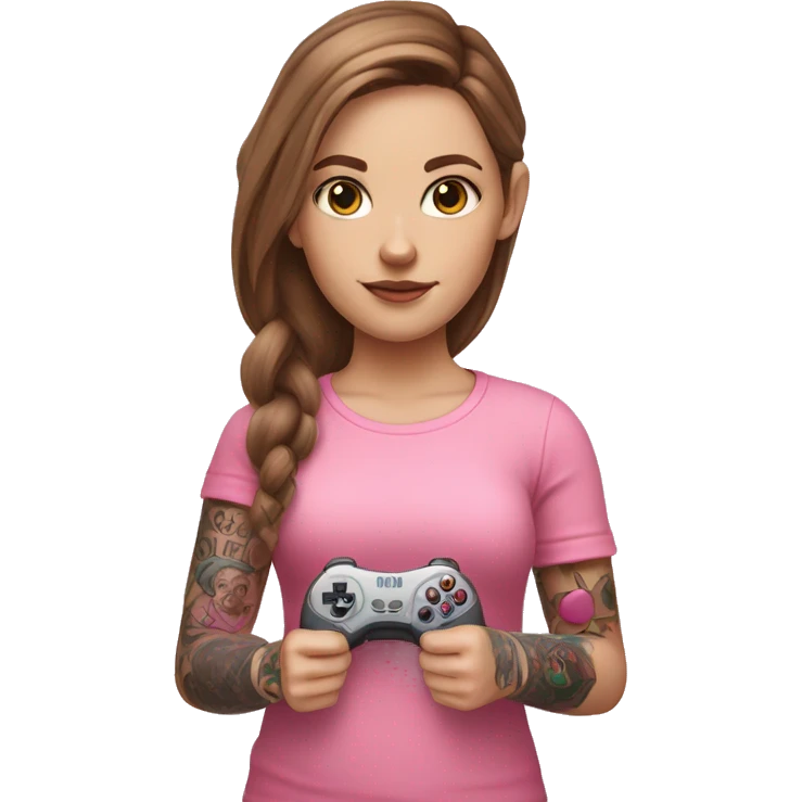 White girl with arm tattoo and brown hair holding a pink game controller emoji