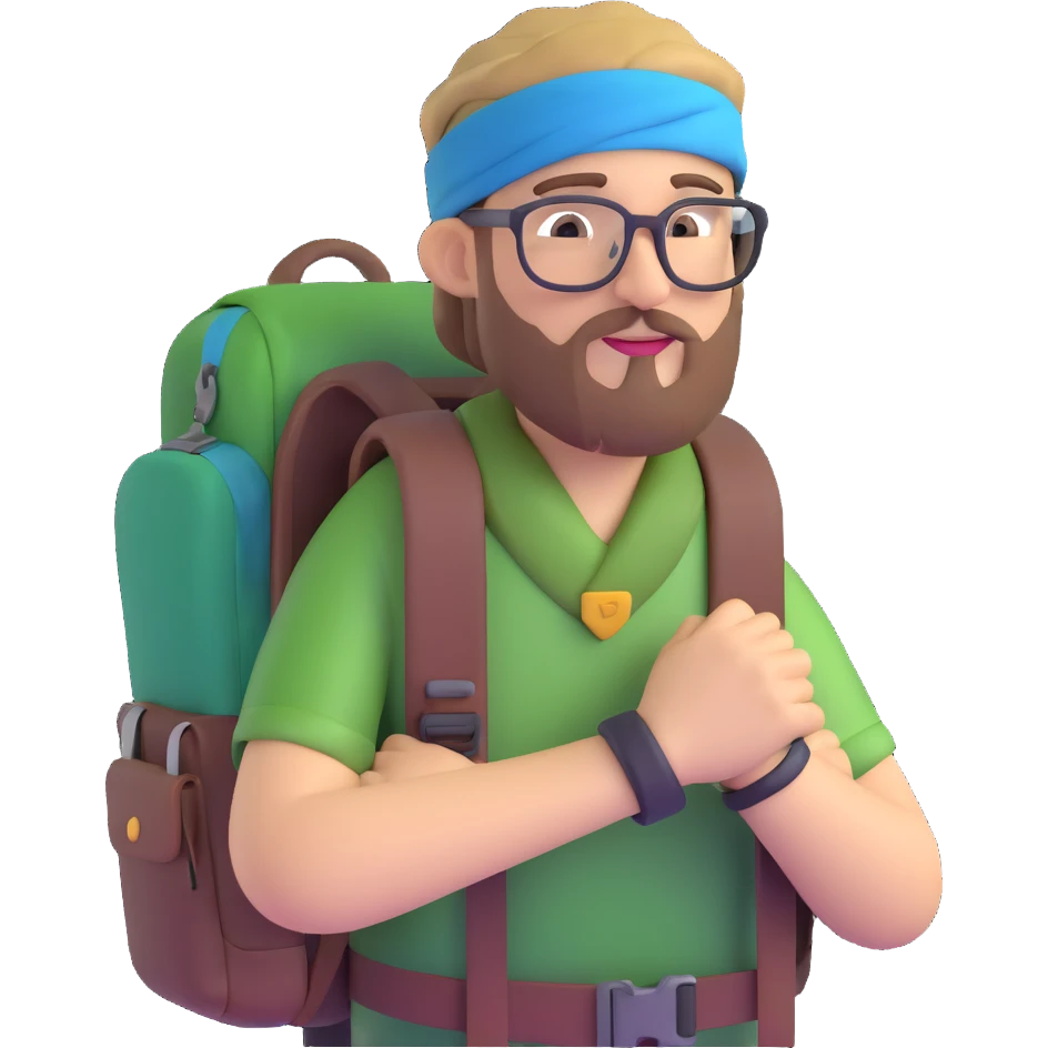adventurer with goatee beard (no beard on cheeks), short hair, glasses, bandana on head and backpack emoji