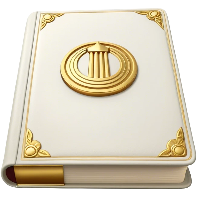 A white leather book with golden accents, smooth and polished, embossed with a symbol of six pillars columns,, radiating strength, confidence, and the power of self-worth.  emoji