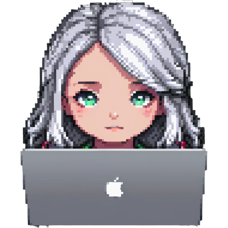 close-up of a girl's face peeking over a MacBook, pixel art style emoji