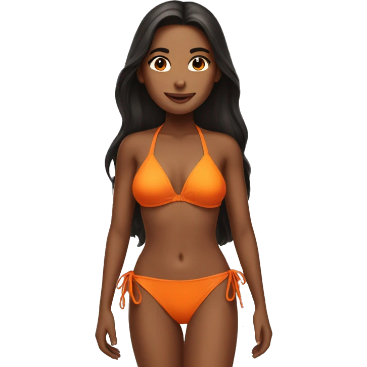 Woman with dark long hair wearing an orange bikini at the beach emoji
