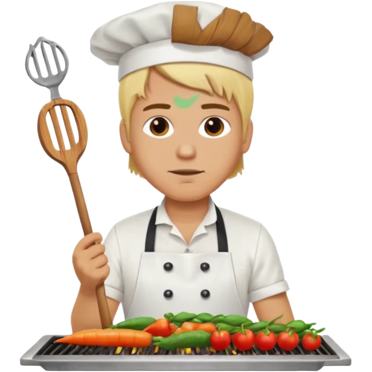 man with tied blond hair and and a white apron grilling vegetables on a sizzling grill emoji