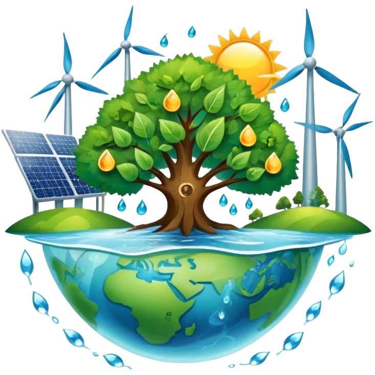 An icon featuring a green Earth, a tree, recycling symbols, and renewable energy sources like wind turbines, solar panels, and hydropower. The design includes animals, water droplets, and the sun, representing ecology, sustainable energy, and environmental protection. Transparent background. emoji