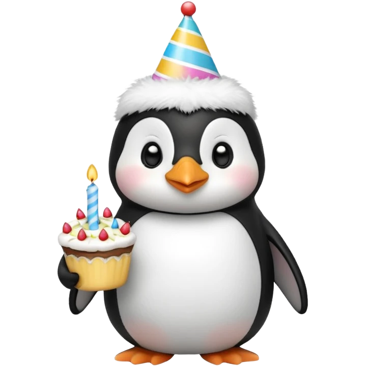 cute penguin with birthday hat hold a birthday cake in both arms emoji