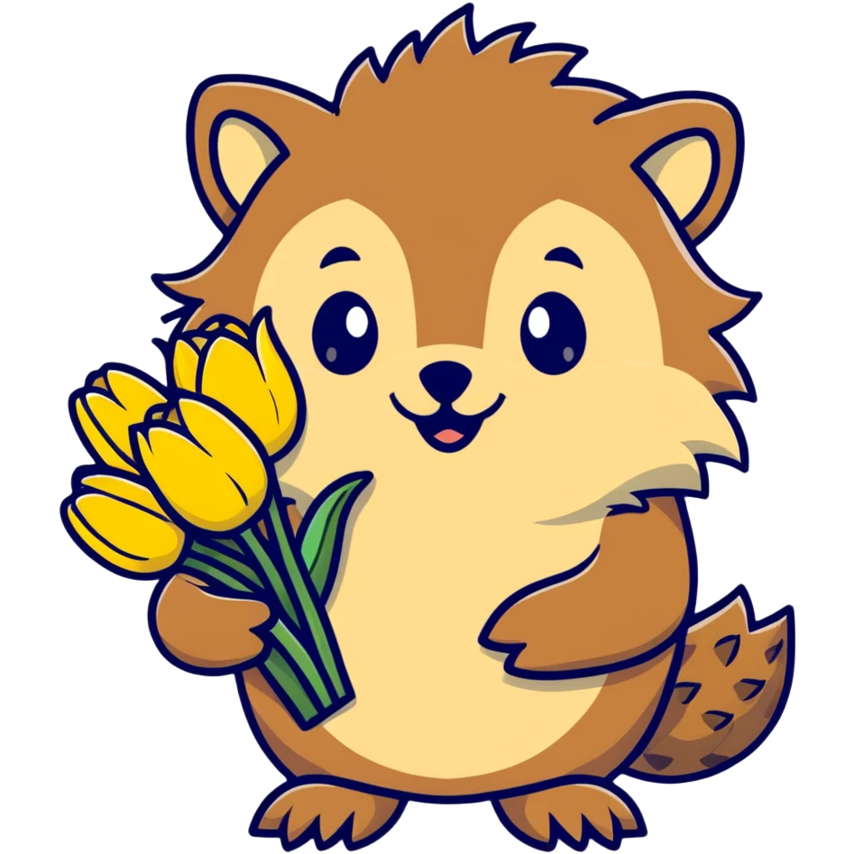 adorable hedgehog with a bouquet of yellow tulips emoji