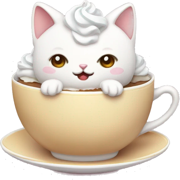 Kawaii cat sitting in a teacup with whipped cream on its head, dessert themed emoji
