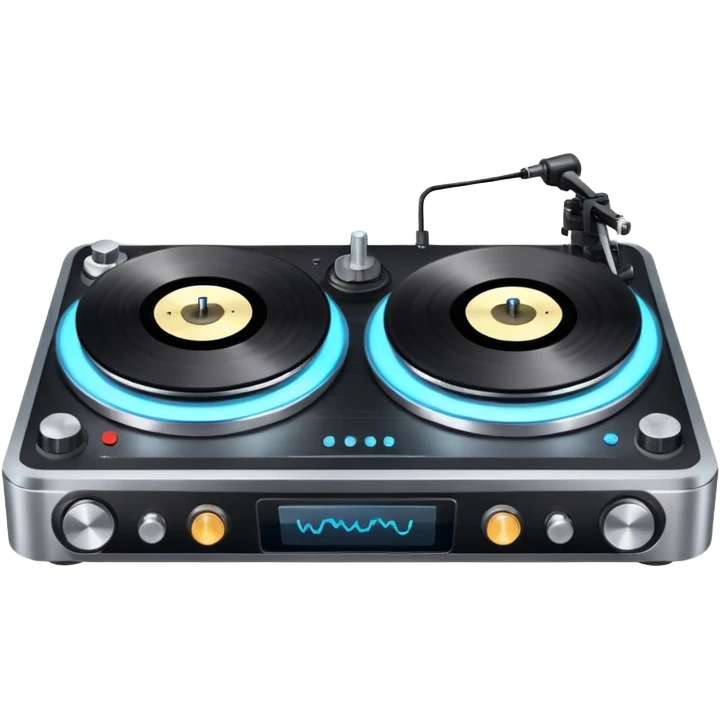 A dual turntable deck with glowing knobs and waveform screens.
 emoji