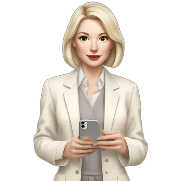 pale skin woman with ash blonde Straightened bob Hair, White Spacious classical jacket, beige palazzo Arrow pants and gray blouse holding white IPhone 15 pro in the hands emoji