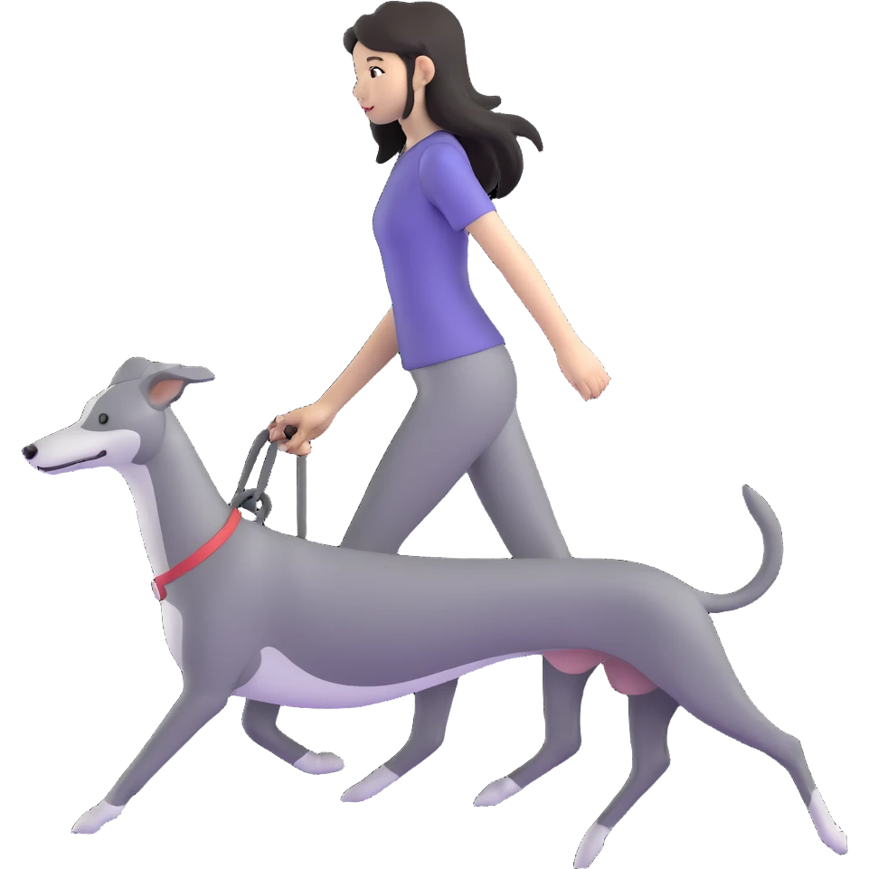 Japanese girl with flowing hair walking a solid grey greyhound with no white markings emoji