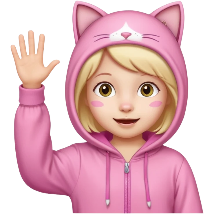 little Girl kid in pink cat onesie waving happily emoji