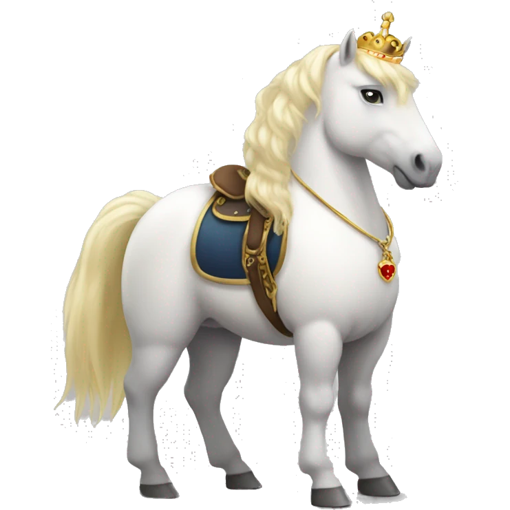 Fatty white pony with blonde hair. It needs to be a standing position, with a gold crown and lots of jewelry. It needs to have a red and gold saddle. Please add lots jewelry detail emoji