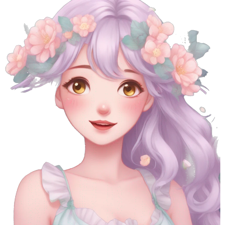 Gorgeous pastel anime style lady with blushing face and flowers cottagecore fairycore pastelcore colorful pearly romantic simplistic aesthetic trending style emoji