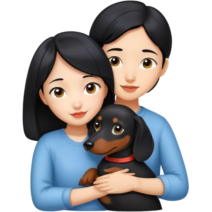 black hair asian girl hugging black dachshund emoji