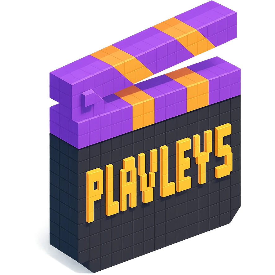 voxel style movie clapperboard with the text 'PLAVLEYS', purple lid, black body, isometric view emoji