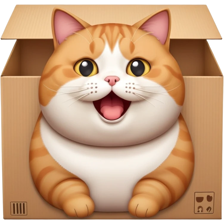 Adorable fat cat stuck in a small box with surprised expression emoji