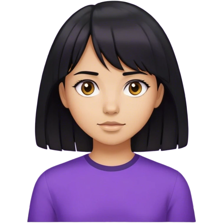 girl with slightly tanned skin, shoulder-length black hair, center parted bangs, wearing a purple shirt emoji