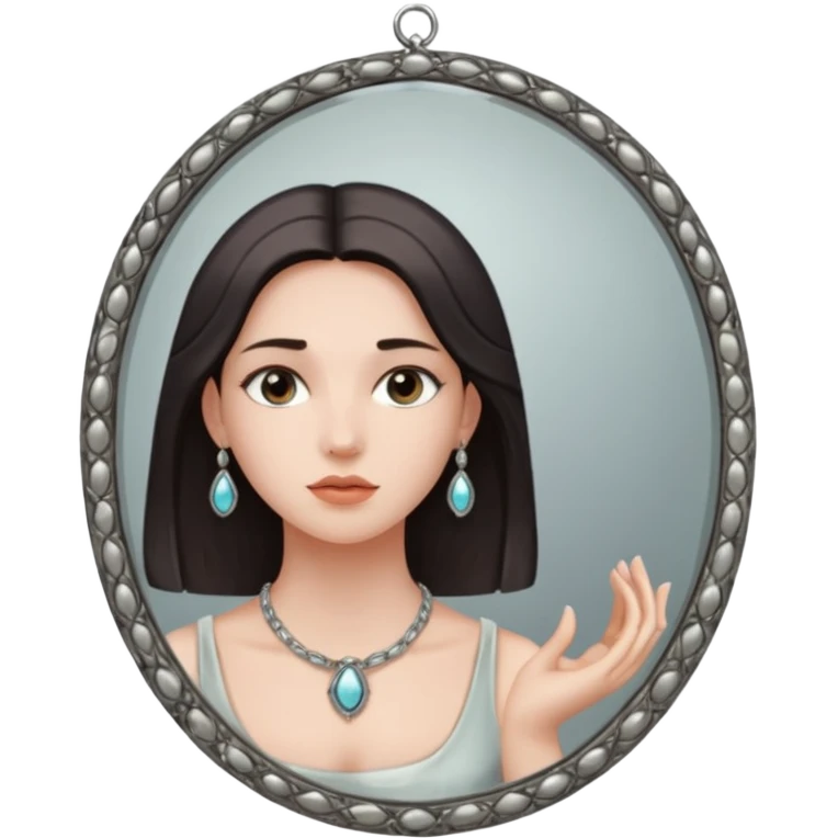 Woman facing ancient mirror, reflection slightly delayed and darker emoji
