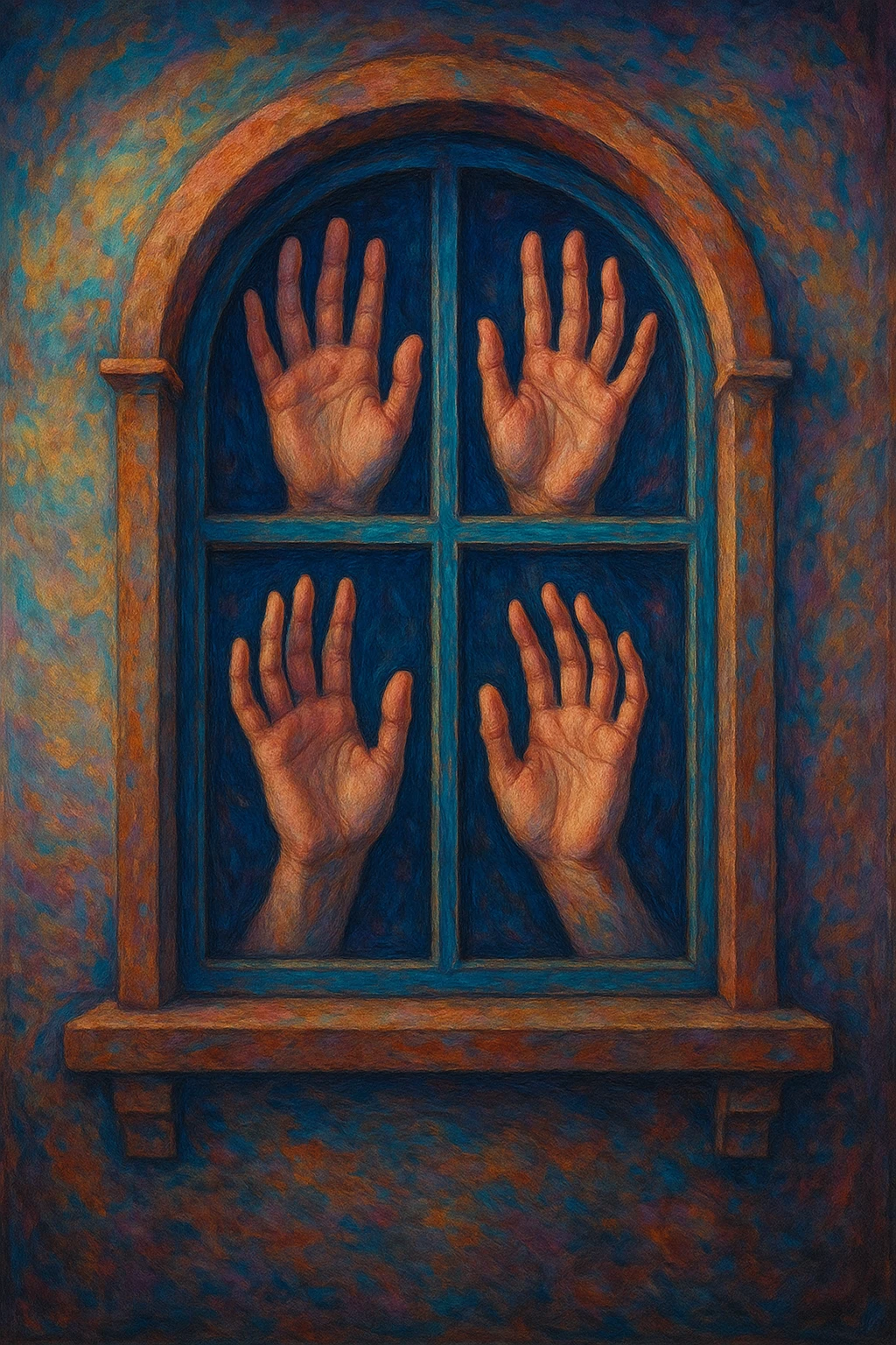 a window with hands, surreal and imaginative style emoji