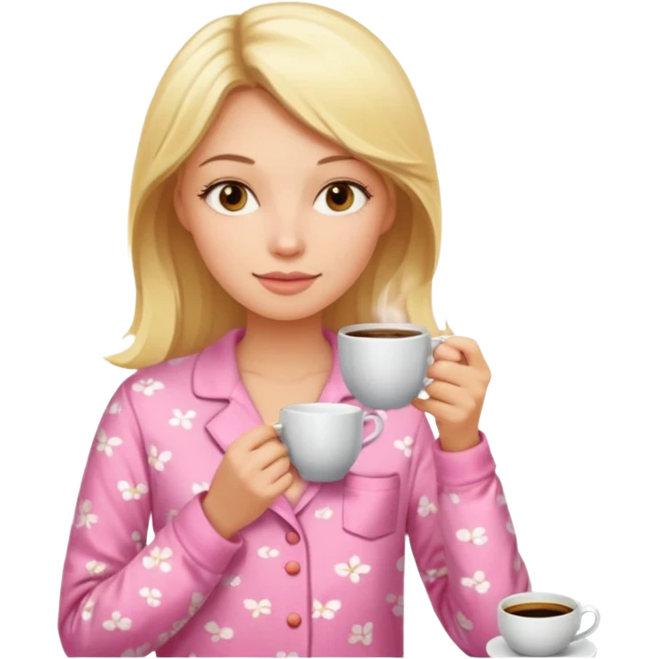 A blonde woman in pink pajamas wakes up to drink coffee. emoji