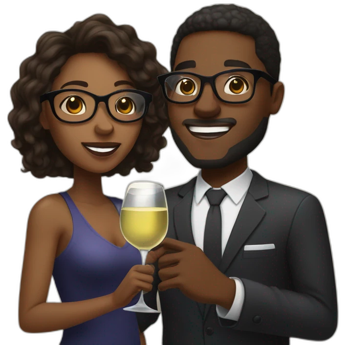 An African couple, a black woman with long dark blonde hair and brown eyes, and a black man with a medium fade haircut. The man wears glasses, toast to each other with a glass of white wine. emoji
