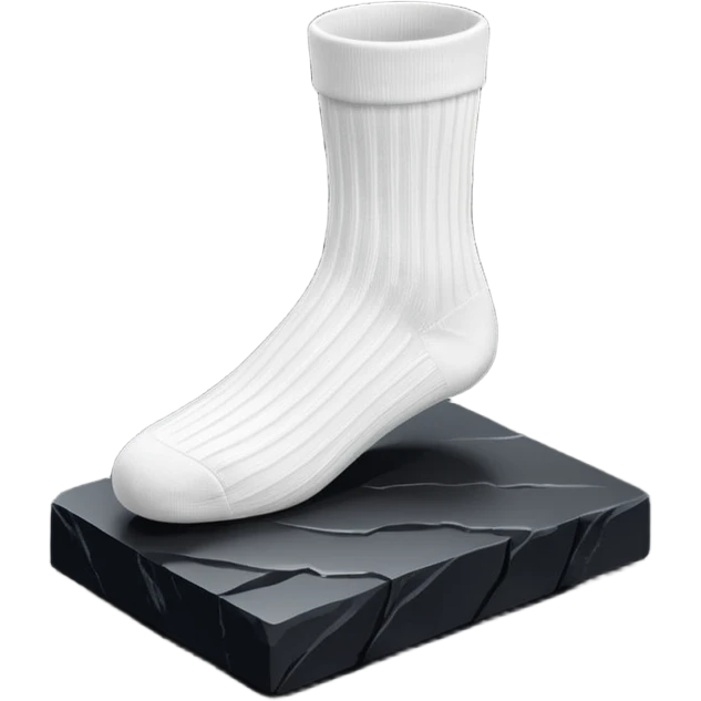 3D isometric icon, pristine white ribbed socks on a black monolith slab, sharp contrast, dramatic studio lighting, black background. emoji