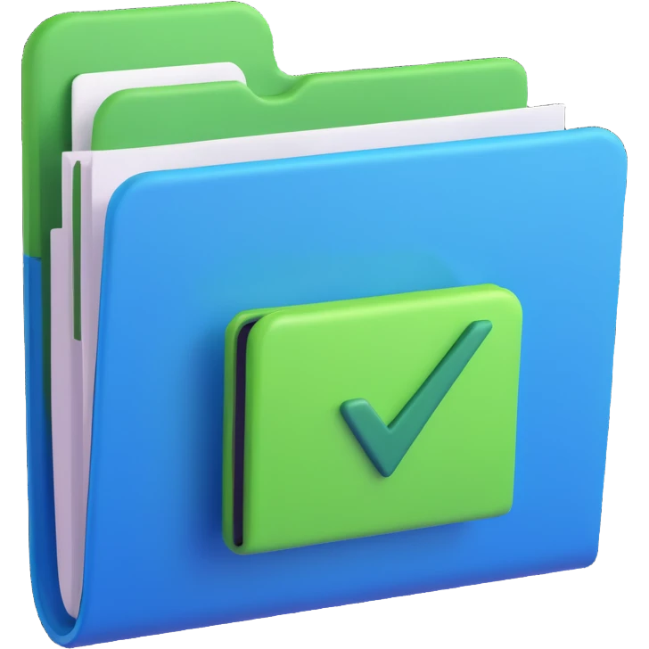 3D style illustration of a blue folder with a green checkmark V icon in relief emoji