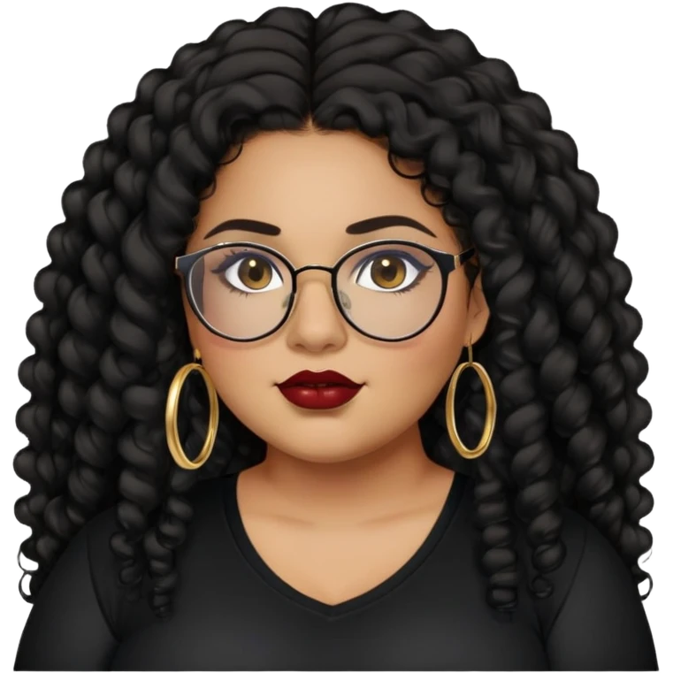 teen big plus size, latina, darker tan skin, gold hoops, long black curly hair, baddie,pretty, makeup, dark red lipgloss, black eyeliner, long hair, black shirt, black glasses emoji