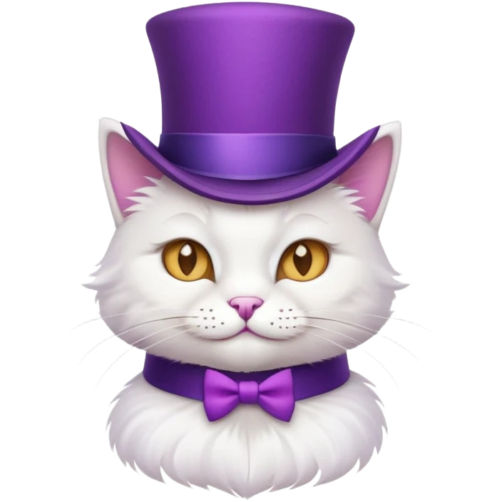 White cat, purple top hat, smirking emoji
