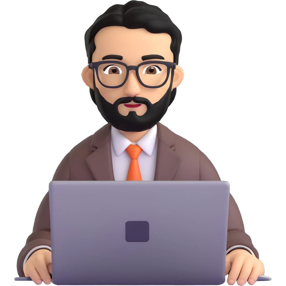 professional man with medium black beard, neat black hair, connected unibrow, olive tan skin, brown eyes, glasses, prominent nose, wearing business casual attire, typing on laptop, slightly turned to the side emoji