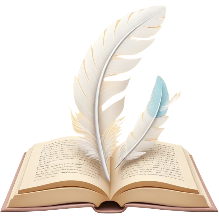 Create a delicate and poetic emoji representing poetry. The design should feature several elegantly flying pages with short poetic columns written on them. The pages should appear light and flowing, almost as if being carried by the wind. Include a white feather gently resting on the pages, symbolizing creativity and inspiration. Use soft, pastel tones like light creams to give it a dreamy, artistic feel. The design should feel ethereal and whimsical, capturing the essence of poetry. Make the background transparent. emoji
