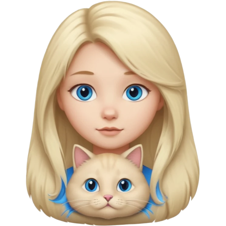 blonde girl with long blonde hair and blue eyes with chubby gray cat emoji