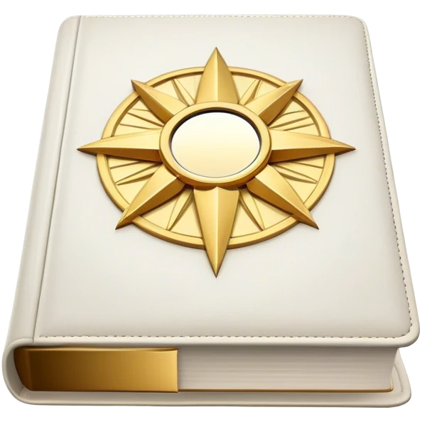 A white leather book with golden accents, smooth and polished, embossed with a symbol of six pillars, a sun, or a glowing mirror, radiating strength, confidence, and the power of self-worth.  emoji