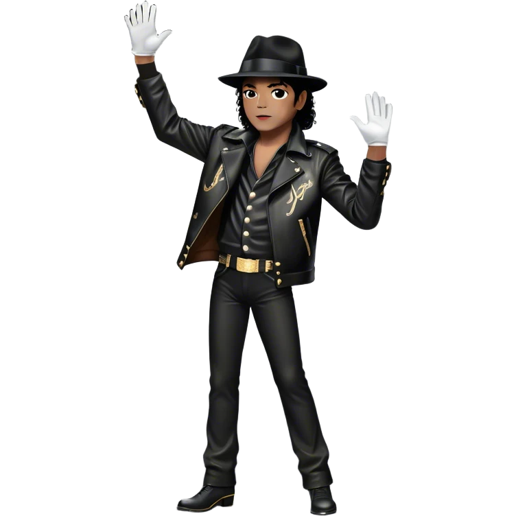 Icon for R&B Music: Michael Jackson in full growth in his black fedora, sparkling glove, and leather jacket, striking his famous final pose after performing, with one arm raised and head tilted back. Musical notes surround him, symbolizing the essence of R&B. Transparent background. emoji