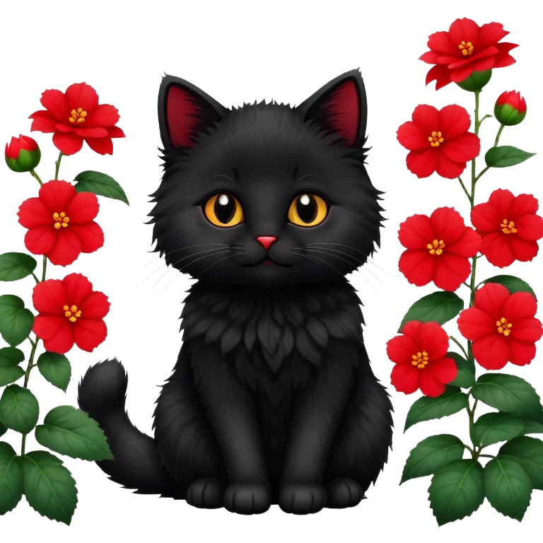 A cute  little  black cat and Begonia flower emoji
