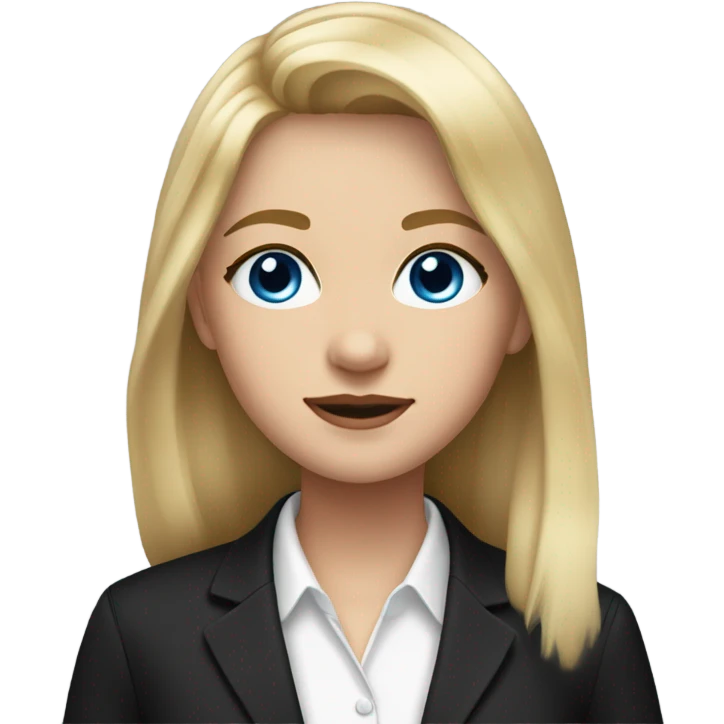 a girl with medium length blonde hair, blue eyes, wearing a black suit and a white collared shirt emoji