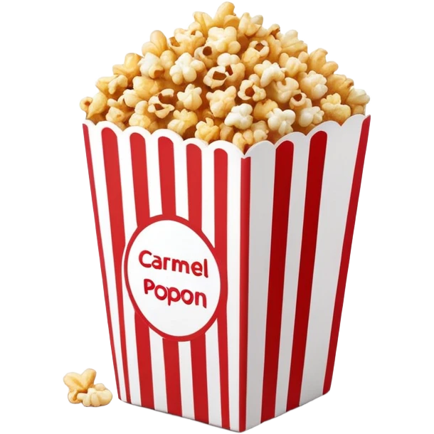 minimalist caramel popcorn box with thin red and white stripes, tiny popcorn pieces visible, clean simple design, Apple emoji style emoji
