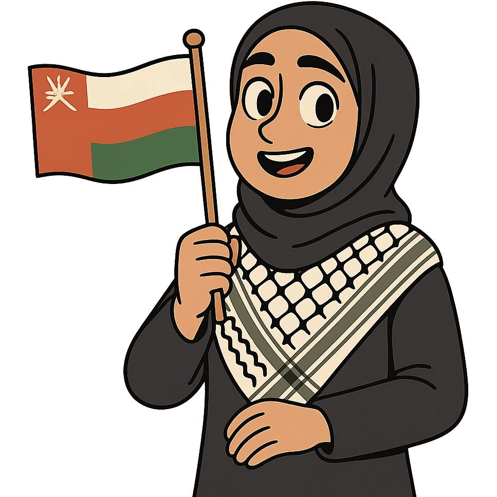 a hijab-wearing girl wearing the Palestinian keffiyeh and holding the Oman flag, flat toon style, graphic flat design emoji