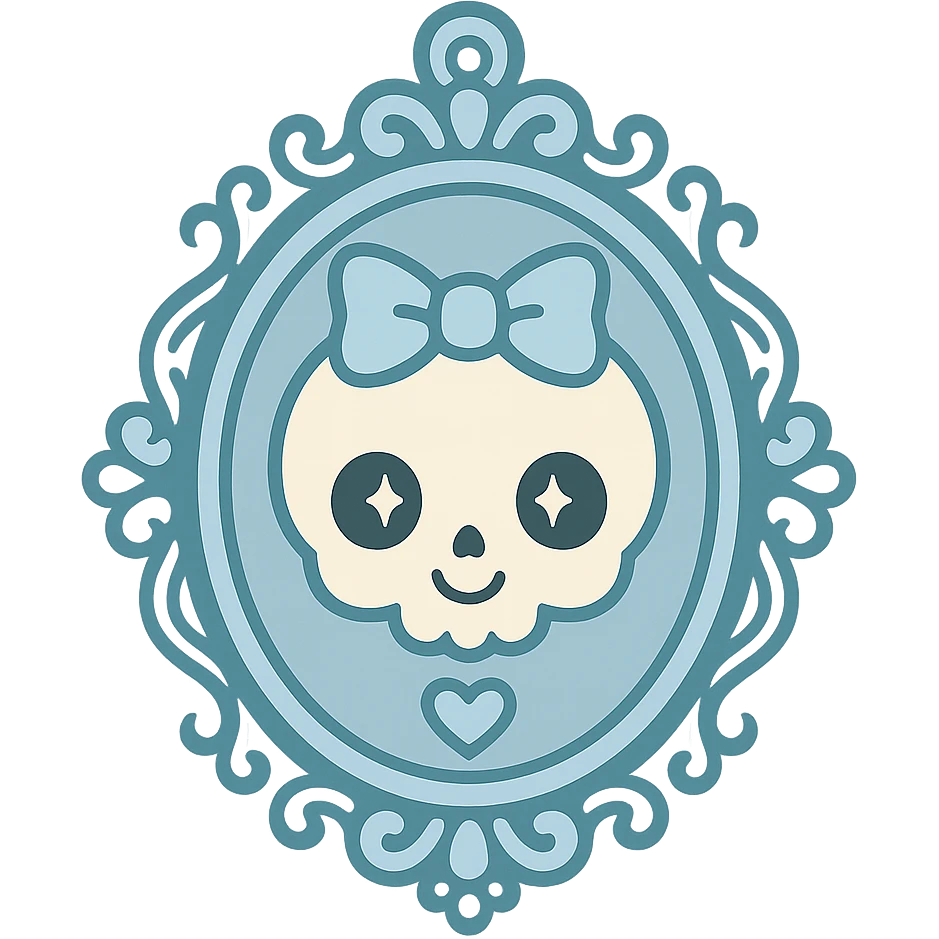 cameo necklace in pastel goth style, pastel blue and white, ornate frame, cute gothic vibe emoji